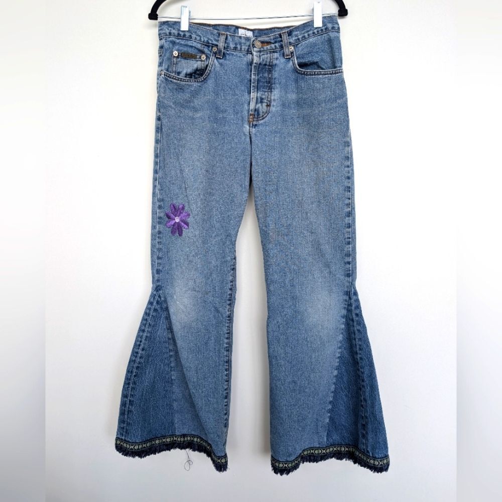 Vintage Calvin Klein Repurposed Wide Flare Boyfriend Jeans Woven Embroidery Hem